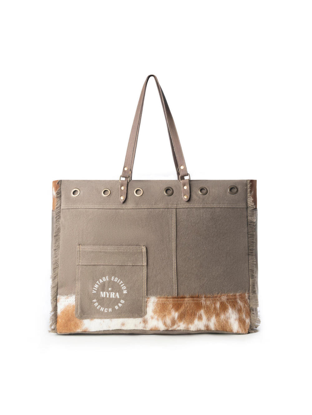 Myra Ranger Hide Western Weekender Bag for Women in olive with hairon detail